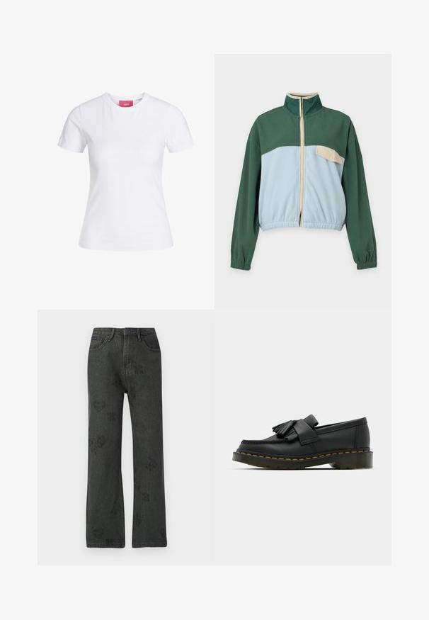 Grøn og lyseblå fleecejakke med lynlås foran, høj krave, elastiske manchetter og en beige brystlomme med trykknap på venstre side.; Hvid slimfit t-shirt med korte ærmer og rund halsudskæring med en lyserød JJXX-label indeni kraven, vist mod en ensfarvet baggrund.; Sorte brede jeans med falmede blomster-, hjerte- og sommerfuglemønstre, frontknaplukning og fem lomme-design.; Sorte læder loafers med rund tå, der har frynse detaljer og et dekorativt bånd på tværs af fronten, sat på en kraftig hæl.
