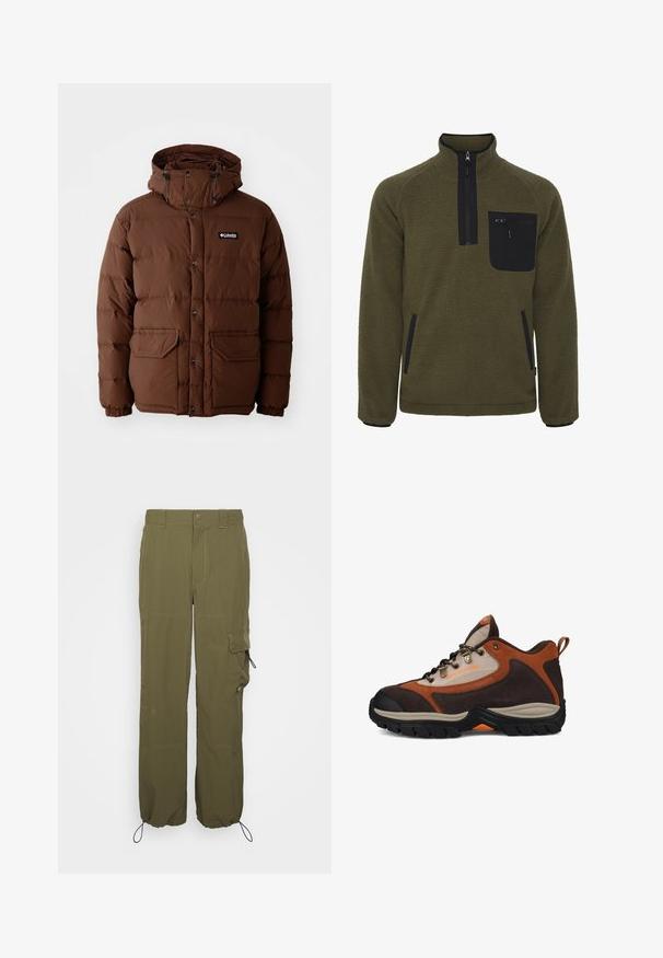 Brun pufferjakke med hætte, der har lynlås lukning, trykknapper og to forlommer. Fremstillet af quiltet, vandafvisende materiale.; Oliven grøn fleecepullover med høj krave, sort lynlåslomme på brystet, sidelommer og strikket stof for varme.; Olivenfarvede cargo-bukser lavet af letvægtsstof. Funktioner inkluderer knaplukning, sidelommer og justerbare manchetter med snore.; Brun og beige vandresko med sort sål, metaløjer, bånd ved hælen og "DC SHOE CO USA" branding på siden.