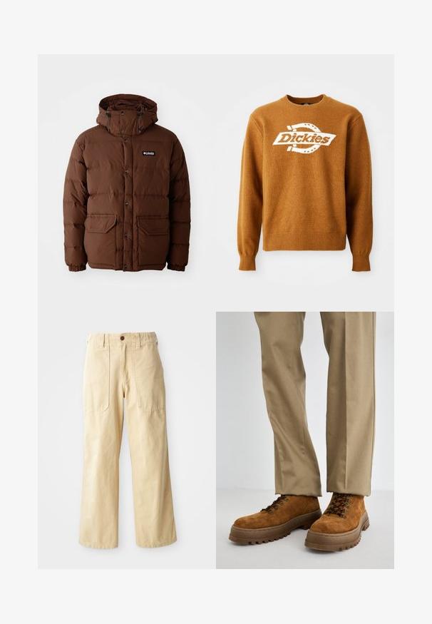 Braune Daunenjacke mit Kapuze, ausgestattet mit einem Reißverschluss, Druckknöpfen und zwei Fronttaschen. Hergestellt aus steppbarem, wasserabweisendem Material.; Brauner Strickpullover mit einem weißen "Dickies"-Logo auf der Vorderseite. Klassischer Rundhalsausschnitt und gerippte Bündchen sowie Saum. Weiche Textur.; Beige Weitbein-Hosen aus Baumwolle. Sie haben eine hohe Taille, zwei vordere Taschen mit flachem Design und einen einzelnen Knopfverschluss.; Braune Wildlederstiefel mit einer dicken Gummisohle, ausgestattet mit Metallösen, braunen Schnürsenkeln und einem gepolsterten Kragen, kombiniert mit beigen Hosen.