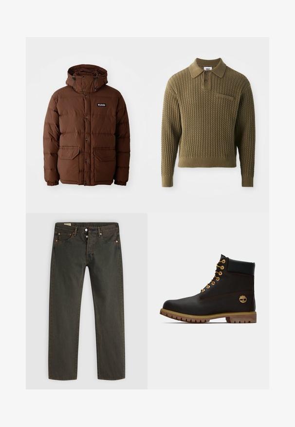 Doudoune brune avec capuche, dotée d'une fermeture éclair, de boutons-pression et de deux poches frontales. Fabriquée à partir d'un matériau matelassé et résistant à l'eau.; Pull tricoté en vert olive avec un motif texturé, un col et une patte de boutonnage à trois boutons. Présente des poignets et un ourlet côtelés.; Jean en denim vert foncé, avec une coupe droite, cinq poches, des éléments en métal cuivre et un léger délavage.; Bottine noire en cuir avec œillets dorés, accents marron et semelle en caoutchouc. Comprend un col rembourré et un logo estampé sur le côté.