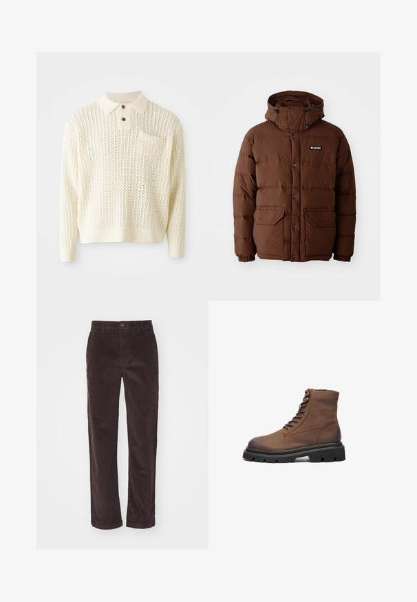 Brun pufferjakke med hætte, der har lynlås lukning, trykknapper og to forlommer. Fremstillet af quiltet, vandafvisende materiale.; Lyscreme strikket pullover med et tekstureret mønster, to-knap strop og en brystlomme. Har ribbede manchetter og kant.; Brune fløjl bukser med lige snit, der har knaplukning og oprettede manchetter, der viser en lodret ribbet tekstur.; Brun læder ankelstøvle med rund tå, snørebånd fortil, metaløjer og en tykk sort gummisål med skridsikret mønster.