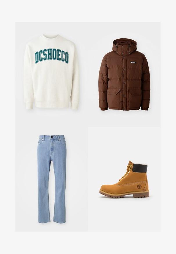 Pruun puffjakker koos kapuutsiga, lukuga kinnitamine, nööbid ja kaks eesmist taskut. Valmistatud räätsiga, veekindlast materjalist.; Heledad beež sweatshirt pehmest kangast, millel on rinna kohal teal värvi tikitud "DCSHOECO" tekst. Ribbkootud varrukad ja alläär.; Heledad sinise denimi teksad, sirge säärte disainiga, viie taskuga stiil, eest ühe nupuga sulgemine ja õrn kulunud tekstuur.; Pruun nahast pahkluu saabas metallist silmadega, valge karvane vooder, must pehmendatud krae, robustne tallal ja küljes reljeefne logo.