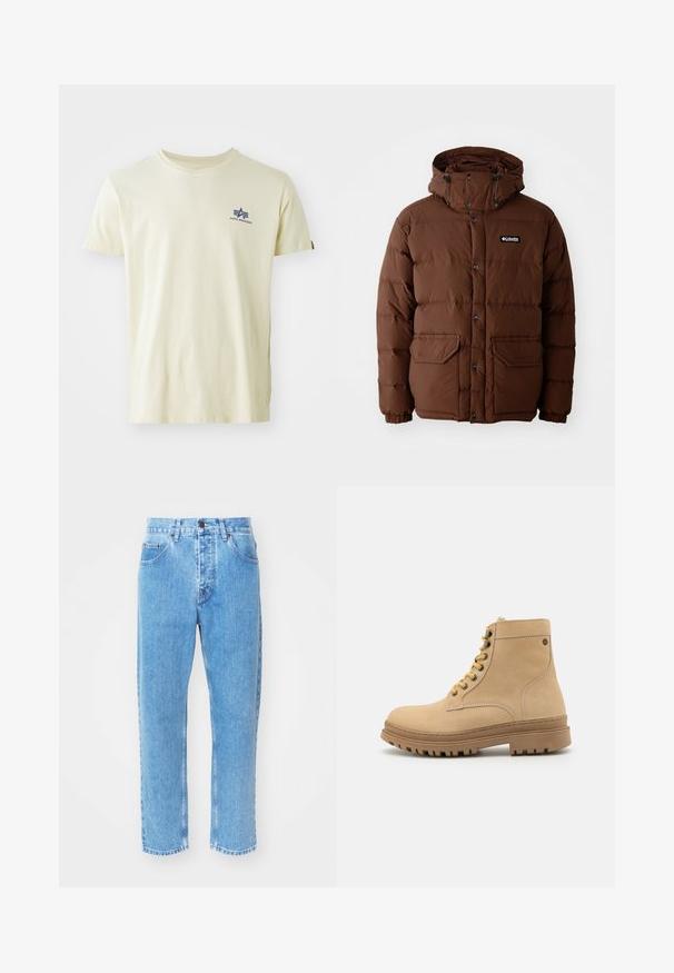 Chaqueta de plumón marrón con capucha, que cuenta con cierre de cremallera, botones a presión y dos bolsillos frontales. Fabricada con material acolchado y resistente al agua.; Camiseta beige de manga corta con cuello redondo y pequeño logo azul de Alpha Industries en la parte superior izquierda del pecho.; Los vaqueros de mezclilla azul claro presentan un diseño de pierna recta, cinco bolsillos y un clásico cierre de botón en la cintura.; Botas de cuero marrón claro hasta el tobillo con punta redonda, suela de goma gruesa, seis ojales, cordones amarillos y detalle de costura lateral. Textura suave.