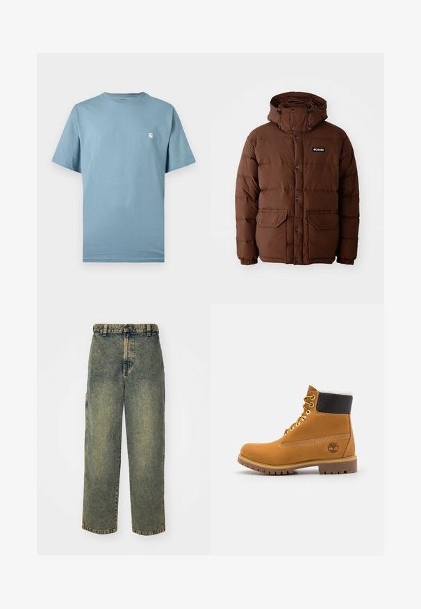 Bruine pufferjack met capuchon, voorzien van een ritssluiting, drukknopen en twee voorzakken. Gemaakt van gestikt, waterafstotend materiaal.; Lichtblauw T-shirt met korte mouwen en ronde hals, met een klein wit logo op de linkerborst, weergegeven tegen een effen achtergrond.; Baggy denim jeans in een vervaagde blauwe en groene was. Heeft een knoopsluiting, riemlussen en zijzakken. Vlakke voorkant en rechte pijpen.; Bruine leren enkellaars met metalen oogjes, witte faux bont voering, zwarte gewatteerde kraag, robuuste zool en een reliëflogo aan de zijkant.