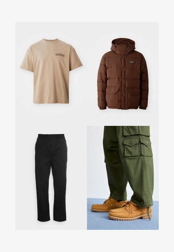 Brun pufferjakke med hætte, der har lynlås lukning, trykknapper og to forlommer. Fremstillet af quiltet, vandafvisende materiale.; Beige bomulds-T-shirt med korte ærmer og rund hals. Har "DICKIES" printet i sort på venstre bryst. Klassisk pasform og glat tekstur.; Sorte bomuldsbukser med elastisk talje, lige ben og sidelommer. Glat tekstur uden mønstre eller accenter.; Timberland AUTHENTIC 3 EYE - Sejlersko - wheat