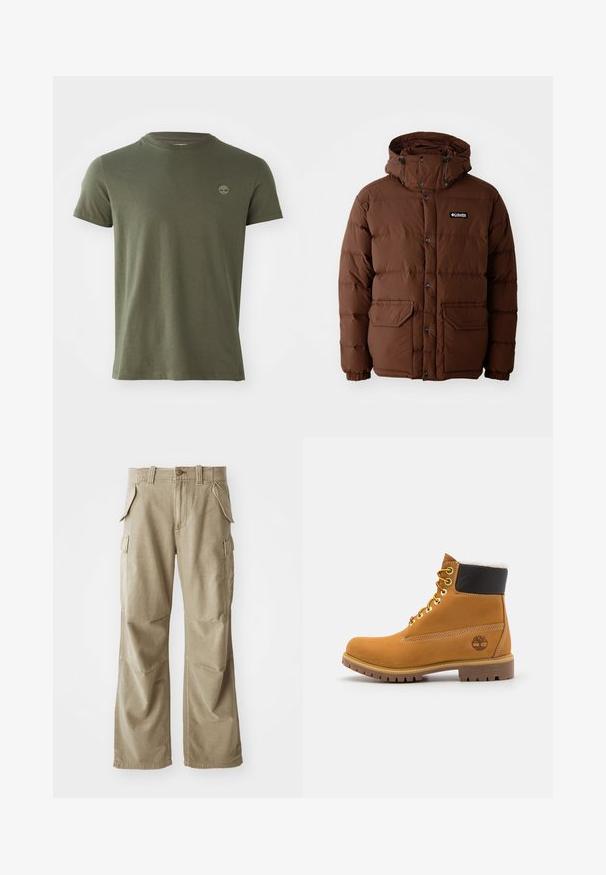 Chaqueta de plumón marrón con capucha, que cuenta con cierre de cremallera, botones a presión y dos bolsillos frontales. Fabricada con material acolchado y resistente al agua.; Camiseta de algodón verde olivo con cuello redondo, mangas cortas y un pequeño logo bordado en el pecho. Textura suave, corte clásico.; Pantalones cargo beige de tela resistente, con un corte relajado, múltiples bolsillos laterales y rodillas reforzadas. Diseño de frente plano.; Botín de cuero marrón con ojales de metal, forro de piel sintética blanca, cuello acolchado negro, suela resistente y logotipo en relieve en el costado.