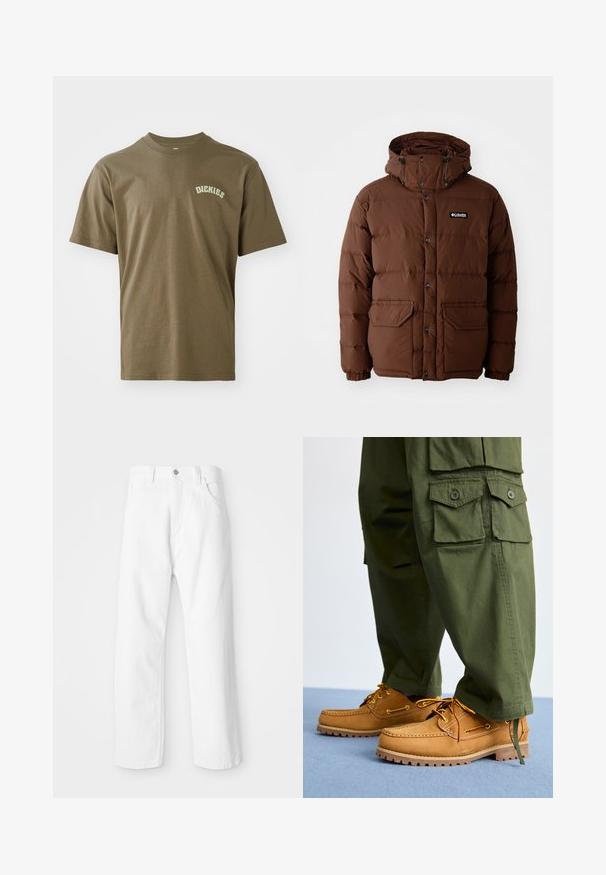Braune Daunenjacke mit Kapuze, ausgestattet mit einem Reißverschluss, Druckknöpfen und zwei Fronttaschen. Hergestellt aus steppbarem, wasserabweisendem Material.; Olivgrünes Baumwoll-T-Shirt mit kurzen Ärmeln, Rundkragen und einem kleinen weißen "Dickies"-Logo auf der linken Brust. Glatte Textur.; Weiße Denim-Hosen mit geradem Bein, ausgestattet mit einem Frontknopf und einem Reißverschluss, fünf Taschen und einem sauberen, strukturierten Finish.; Timberland AUTHENTIC 3 EYE - Bootsschuh - wheat
