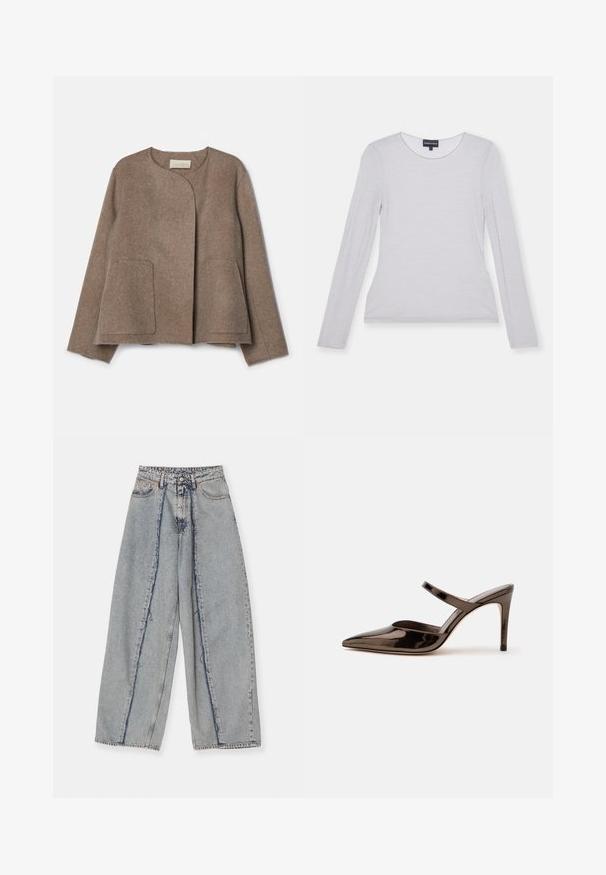 Vanessa Bruno CHANN - Leichte Jacke - taupe; Langärmliges, hellgraues Oberteil aus einem weichen Stoff mit rundem Ausschnitt und figurbetonter Passform. Glatte Textur, keine sichtbaren Muster oder Akzente.; Hellblaue weitgeschnittene Jeans mit fransigen Kanten, hoher Taille und kontrastierenden Nähten. Hergestellt aus Denim, zeigt sie eine lockere Passform und minimale Abnutzung.; Glänzender dunkelbrauner Mule mit spitzer Spitze und hohem Absatz mit schmalem Riemen über dem Spann vor weißem, einfachem Hintergrund.