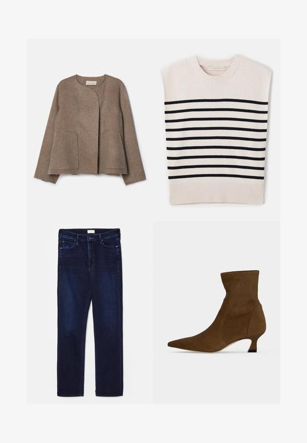 Vanessa Bruno CHANN - Let jakke / Sommerjakker - taupe; Vanessa Bruno CASSANDRA - Striktrøje - ecru/marine; Mørkeblå denimjeans med slim fit, fem-lomme design, stikninger og lige benudskæring. Har en knap- og lynlås lukning.; Brun ankelstøvle med spids tå og lav kitten hæl, lavet af glat materiale, vist mod en ensfarvet baggrund.