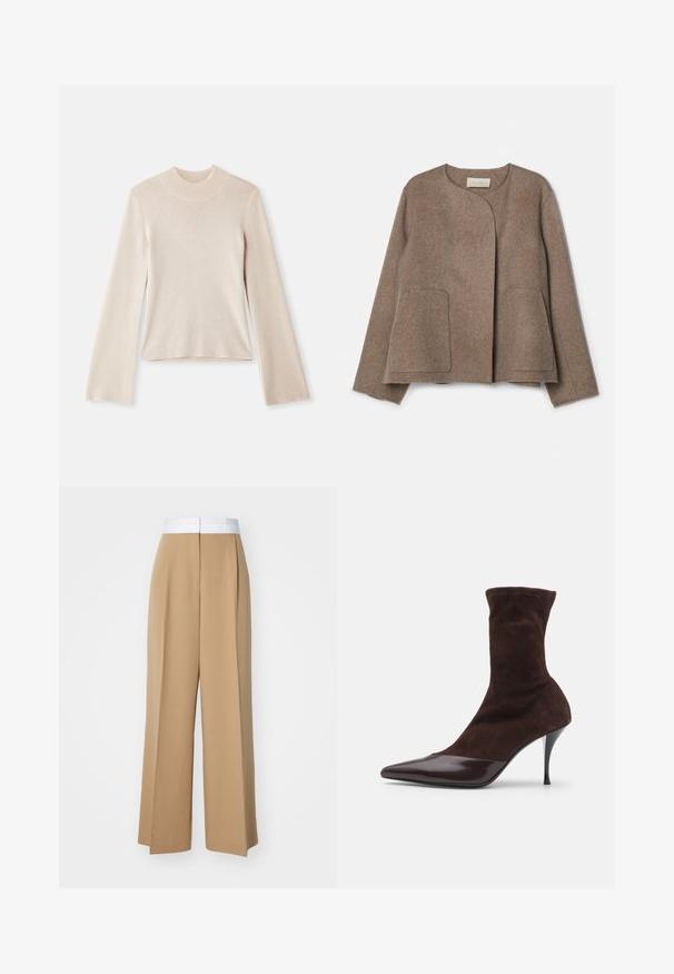 Vanessa Bruno CHANN - Let jakke / Sommerjakker - taupe; Lys beige langærmet polo sweater med en blød tekstur, tætsiddende silhuet og ribbet halsudskæring. Enkel design uden mønstre eller accenter.; Bredde benbukser i et lysebrunt stof med en kontrasterende hvid talje. Har rene linjer og ingen synlige mønstre eller udsmykninger.; Brune ruskinds ankelstøvle med spids tå og blank bordeauxlakeret tåhætte, der har en slank stilettohæl og tekstureret overdel.