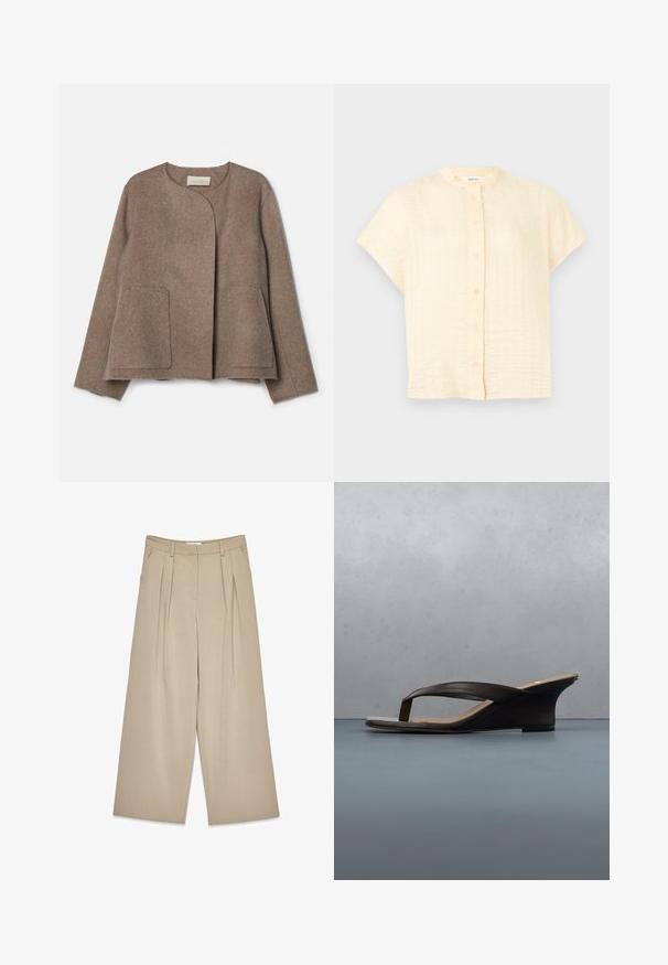 Vanessa Bruno CHANN - Chaqueta fina - taupe; Blusa de manga corta color crema con un patrón de cuadros texturizado y cierre frontal con botones.; Pantalones de pierna ancha color beige con pliegues frontales, bolsillos laterales, pasadores para cinturón y un cierre frontal oculto.; Sandalia negra de cuña con tiras tipo sandalia colocada sobre una tabla de madera y suelo de piedra al aire libre cerca de plantas verdes y una pared de concreto.