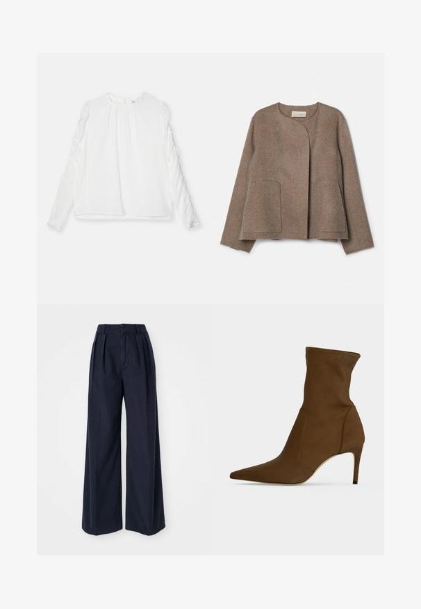 Vanessa Bruno CHANN - Lichte jas - taupe; Witte lange mouwtop met een ronde halslijn en gathered details op de mouwen. Gemaakt van lichte stof met een vloeiende pasvorm.; Donkerblauwe wijde broek gemaakt van katoen, met plooien aan de voorkant, een hoge taille en een ritssluiting met knoopsluiting.; Bruine enkellaars met een spitse neus, een slanke middenhoge hak en een glad stoffen bovenwerk.