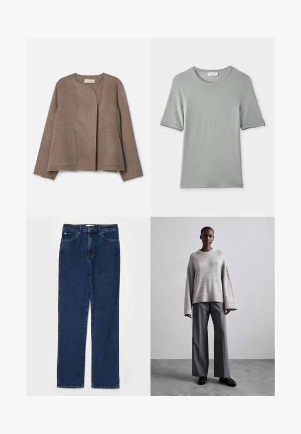 Vanessa Bruno CHANN - Leichte Jacke - taupe; Kurzärmliges T-Shirt mit Rundhalsausschnitt in Hellgrau, aus weichem Stoff mit glatter Textur und dezentem Nähten an ärmeln und Kragen.; Dunkelblaue Denim-Jeans im Gerade-Schnitt, fünf Taschen-Stil, mit einem stabilen Bund und sichtbaren Nähdetails.; Grauer Strickpullover mit weiten Ärmeln und geripptem Saum, kombiniert mit hochtaillierten grauen Hosen mit dezentem Karomuster und schwarzen Loafers.
