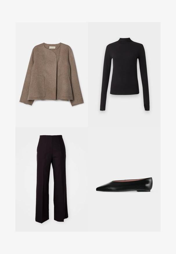 Vanessa Bruno CHANN - Leichte Jacke - taupe; Schwarzes langärmliges, eng anliegendes Oberteil mit Stehkragen, dargestellt auf schlichtem hellgrauem Hintergrund.; Schwarze weite Hose mit hoher Taille, aus einem glatten Material und dezenten Vorderfalten, maßgeschneidert für eine strukturierte Passform.; Schwarzer flacher Damenleder-Schuh mit spitzer Kappe und niedrigem Absatz, von der Seite auf einfarbigem hellgrauem Hintergrund gezeigt.