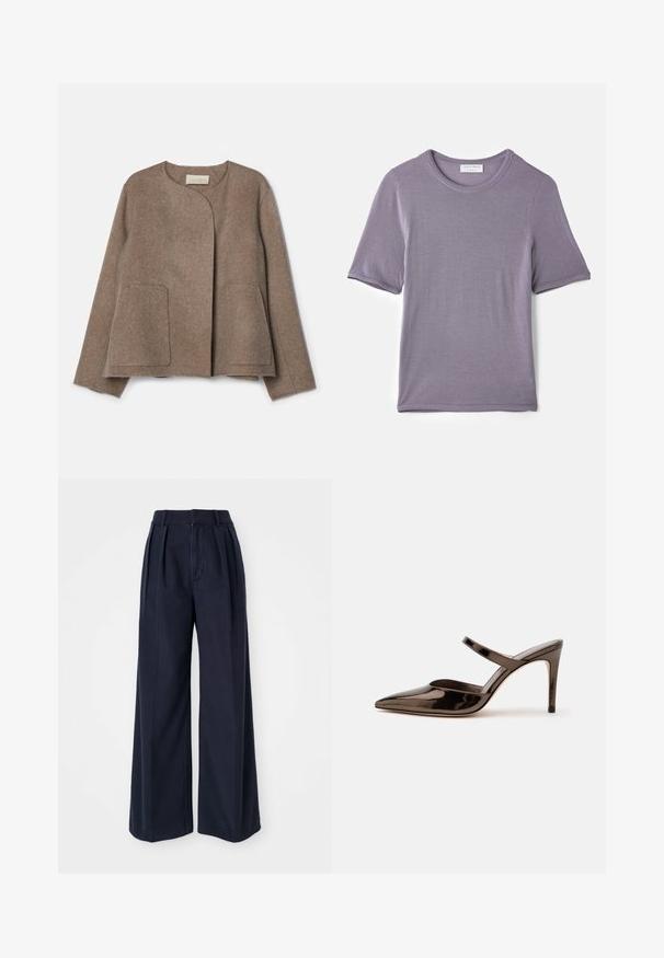 Vanessa Bruno CHANN - Let jakke / Sommerjakker - taupe; Lilla kortærmet t-shirt lavet af blødt stof, med en rund hals og en lige kant, med en glat tekstur og uden synlige mønstre.; Mørkeblå brede bukser lavet af bomuld, med folder fortil, høj talje og lynlås med knaplukning.; Skinnende mørkebrune mule med spids tå og høje hæle med en tynd rem over foden på en ensfarvet hvid baggrund.