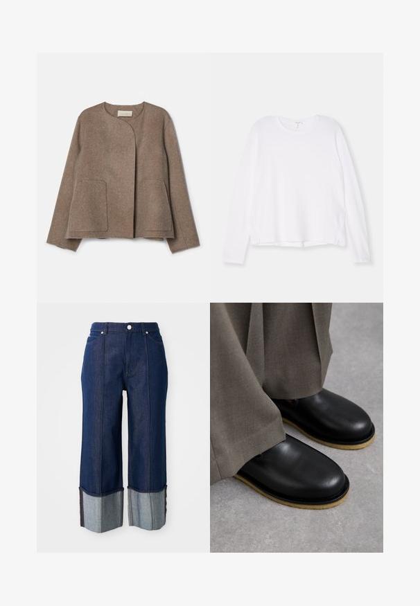 Vanessa Bruno CHANN - Veste légère - taupe; Chemise blanche à manches longues, en tissu doux, avec un col rond, une coupe décontractée et des fentes sur les côtés à l'ourlet pour faciliter les mouvements.; Jeans wide-leg bleu foncé avec des poignets repliés montrant un denim plus clair à l'intérieur, bouton avant et poches sur un fond blanc.; Chaussures en cuir noir à bout rond, semelle plate et semelle extérieure contrastante brun clair, associées à des pantalons gris amples.