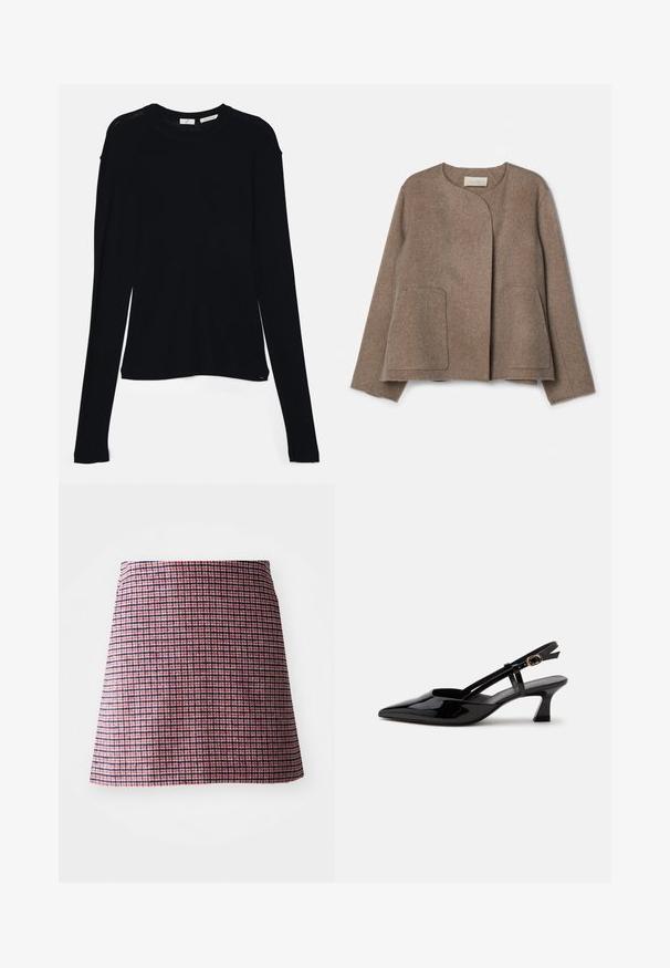 Vanessa Bruno CHANN - Veste légère - taupe; Haut noir à manches longues en tissu doux, avec un col rond et une coupe décontractée, doté de fentes sur les côtés à l'ourlet pour faciliter les mouvements.; Jupe à carreaux rouge et marine avec une taille cintrée et un ourlet évasé, tissu texturé et silhouette structurée.; Chaussure slingback en cuir verni noir à petit talon, bout pointu et bride réglable avec boucle dorée sur fond blanc.