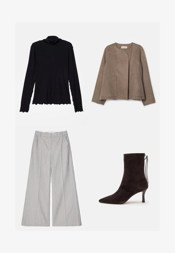 Vanessa Bruno CHANN - Let jakke / Sommerjakker - taupe; Rodebjer CISNE - Langærmet T-shirt - black; Grå vide benbukser med lodrette striber, der har en glat tekstur og en subtil glans. Inkluderer forreste lommer og en waistband.; Sort ruskind ankelstøvle med spids tå, mellemhøj slank hæl og lynlås med trækstreng bagpå.