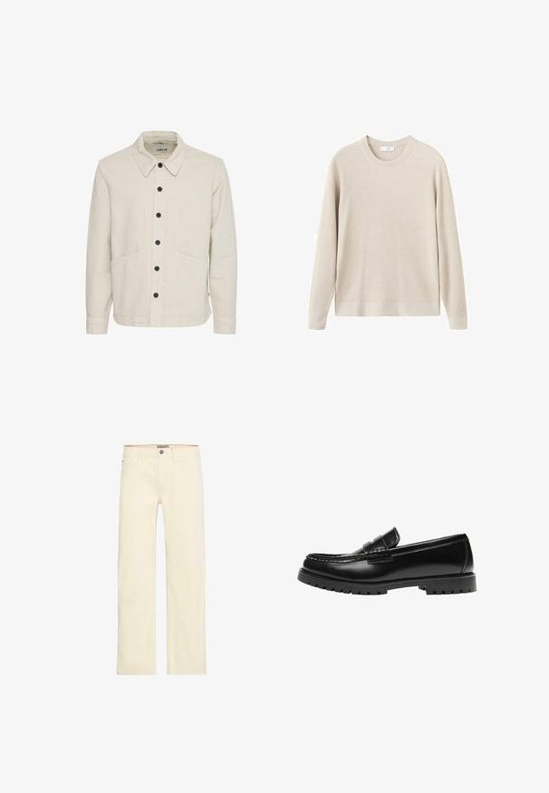 Veste en coton beige avec un col structuré, une fermeture avant à boutons, deux grandes poches et des boutons noirs pour le contraste.; Pull beige côtelé à manches longues et col rond. Fabriqué dans un matériau doux, il présente une coupe décontractée et des détails minimaux.; Jean en denim couleur crème avec une coupe droite, doté de cinq poches, d'une fermeture à boutons sur le devant et de détails de couture discrets.; Mocassin en cuir noir avec une semelle en caoutchouc épaisse et un détail classique de bride à monnaie, vu de côté extérieur.