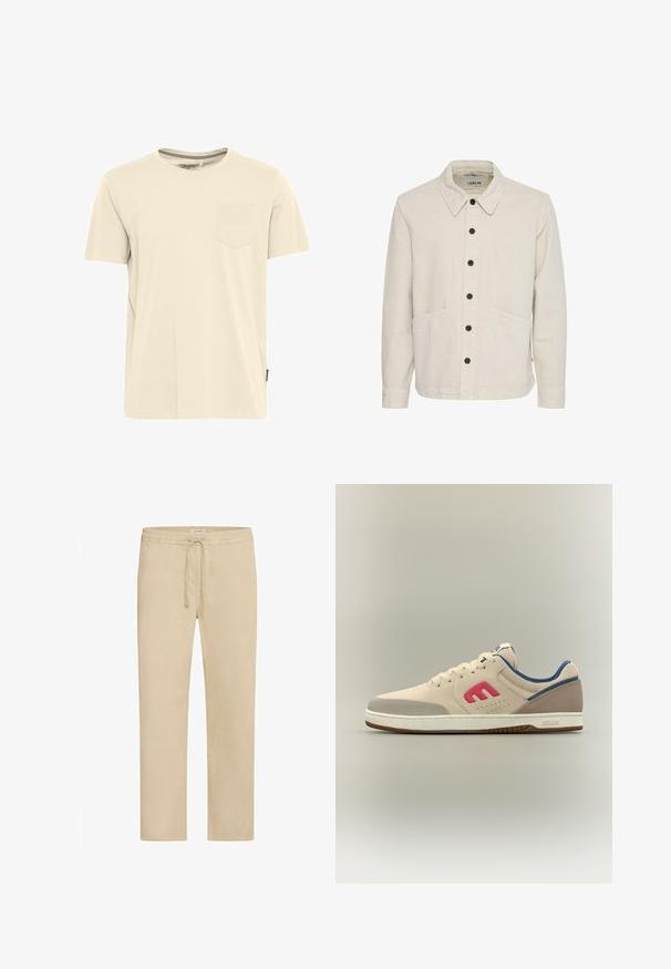 Beige katoenen jas met een gestructureerde kraag, knoopsluiting aan de voorkant, twee grote zakken en zwarte knopen voor contrast.; Lichtbeige T-shirt met korte mouwen van katoen, met een ronde hals en een klein borstzakje aan de linkerkant. Textuurdetail bij de kraag.; Beige katoenen broek met een elastische tailleband en verstelbaar trekkoord. Rechte pijpen, gladde textuur en zonder zichtbare patronen.; Beige lage sneaker met rood "E"-logo, blauwe voering, witte zool en een beige tot grijs verlopend teenstuk.