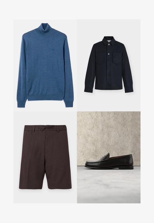 Schwarze Jacke zum Knöpfen mit langen Ärmeln, zwei Brusttaschen und klassischem Kragen auf schlichtem hellgrauem Hintergrund.; Blauer Rollkragensweater aus weichem Material. Mit gerippten Bündchen und Saum, sowie einem kleinen Logo in einem dunkleren Blauton auf der Brust.; Dunkelbraune knielange Shorts mit Kordelzugbund und Gürtelschlaufen, mit einem einfachen, klaren Design auf weißem Hintergrund.; Schwarzer Pennyloafer aus Leder mit niedrigem Absatz, abgerundeter Spitze und genähten Details vorne und an den Seiten, gezeigt vor neutralem Hintergrund.