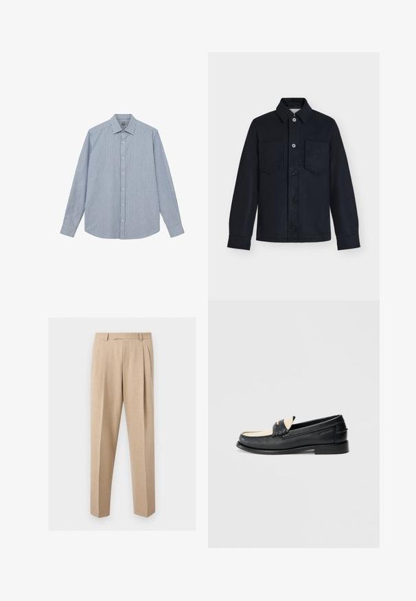 Sort knapopluk jakke med lange ærmer, to brystlommer og en klassisk krave på en ensfarvet lysegrå baggrund.; Mos Mosh Gallery Skjorter - light blue; Beige skræddersyede bukser med frontplisser, bæltestropper og lige ben, vist mod en ensartet lys baggrund.; Sort lædersko med beige detaljer, dekorative syninger, firkantet tå, diskrete metaldele og flad sål; glat tekstur.