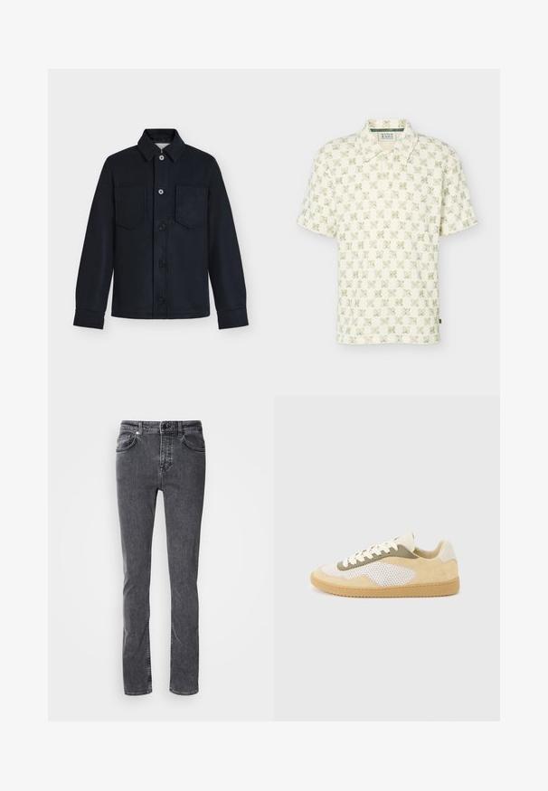 Veste noire boutonnée avec manches longues, deux poches poitrine et un col classique sur un fond gris clair uni.; Polo crème à manches courtes avec motif floral vert, col et patte à deux boutons de Scotch & Soda.; Jean en denim gris foncé, coupe droite, cinq poches, coutures contrastantes, braguette zippée et fermeture par bouton. Aucun motif ou ornement visible.; Baskets basses en daim beige, panneaux en maille blanche, accents olive, lacets blancs et semelle en caoutchouc naturel sur fond gris clair.