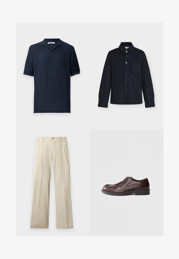 Chaqueta negra abotonada con mangas largas, dos bolsillos en el pecho y un cuello clásico sobre un fondo liso gris claro.; Samsøe Samsøe SATRAVIS POLO - Polo - salute; Pantalones beige de pierna ancha con pliegues, trabillas para cinturón, bolsillos laterales y cierre con botón en la cintura.; Zapato de vestir de cuero marrón con punta redonda, acentos de costura mínimos y una suela negra resistente. Presenta un cierre con cordones y una textura suave.