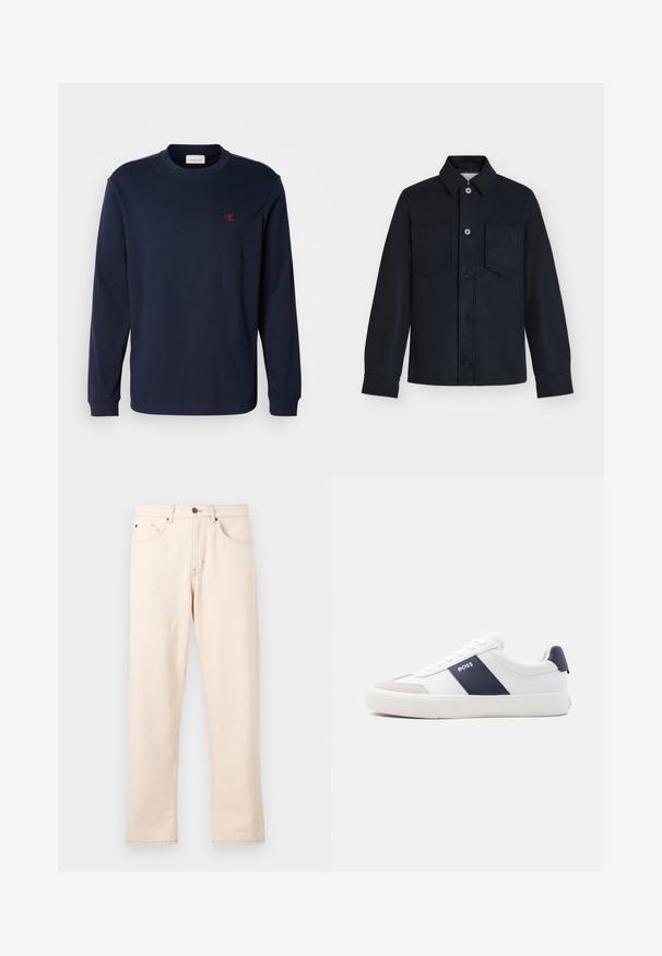 Sort knapopluk jakke med lange ærmer, to brystlommer og en klassisk krave på en ensfarvet lysegrå baggrund.; Mørkeblå langærmet crewneck-shirt med lille rød "cK" logo på venstre bryst og ribbede manchetter.; Beige jeans med rette ben, fem lommer, knaplukning og kontrastsyning på en ensfarvet lys baggrund.; Hvid sneakers med lav top med navyblå side stribe, "BOSS" logo, beige tåbeskytter og hvid sål, vist i profil på en lys baggrund.