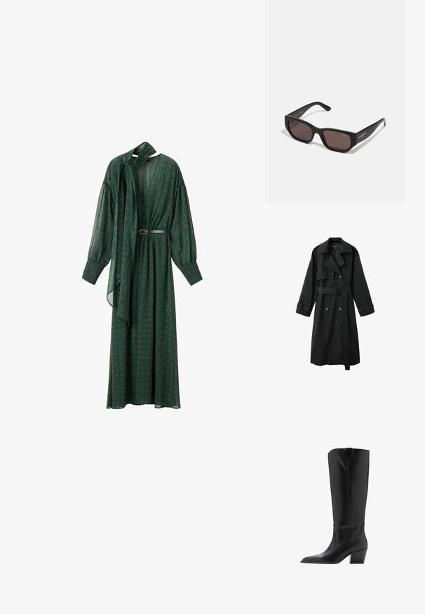 Abrigo trench largo negro con cuello ancho, cierre cruzado de doble botonadura, cinturón en la cintura y tiras con hebillas en los puños, mostrado sobre un fondo blanco.; Largo vestido verde con un estampado floral, que presenta un lazo en el cuello, mangas voluminosas y un cinturón que acentúa la cintura. Hecho de tela ligera.; Bota alta de cuero negro con puntera puntiaguda y tacón inclinado de altura media, con una lengüeta para tirar en la parte superior de la caña.; Gafas de sol rectangulares negras con lentes oscuros. Cuentan con una montura de plástico suave y detalle del logo en la varilla. Diseño limpio y moderno.