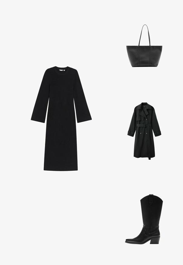 Zwarte lange trenchcoat met brede kraag, dubbele rij knopen aan de voorkant, riem in de taille en gespsluitingen aan de manchetten, afgebeeld op een witte achtergrond.; Geribbelde zwarte jurk met een ronde halslijn, lange uitlopende mouwen en een rechte silhouet, gemaakt van een zachte, gestructureerde stof.; Zwarte leren westernlaars tot halverwege de kuit met een puntige neus en gestapelde blokhak, voorzien van een aantreklus en subtiele decoratieve stiksels.; Zwarte leren tote-tas met lange smalle handvatten, een gestructureerd oppervlak en een brede open bovenkant.