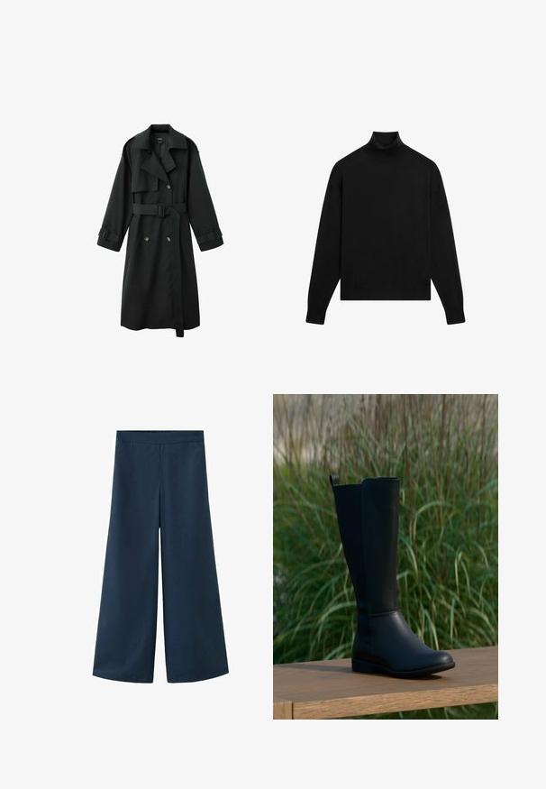 Long trench-coat noir avec col large, devant à double boutonnage, ceinture à la taille et brides à boucle aux poignets, présenté sur fond blanc.; Pull noir à manches longues avec col roulé ajusté et poignets côtelés sur fond blanc.; Pantalon large bleu marine avec une taille élastique. Confectionné dans un tissu lisse et léger, doté d'une silhouette décontractée et sans coutures visibles.; Botte noire montant jusqu'au genou en cuir lisse avec un bout arrondi et une semelle plate. Présente un design simple avec une languette de tirage en haut.
