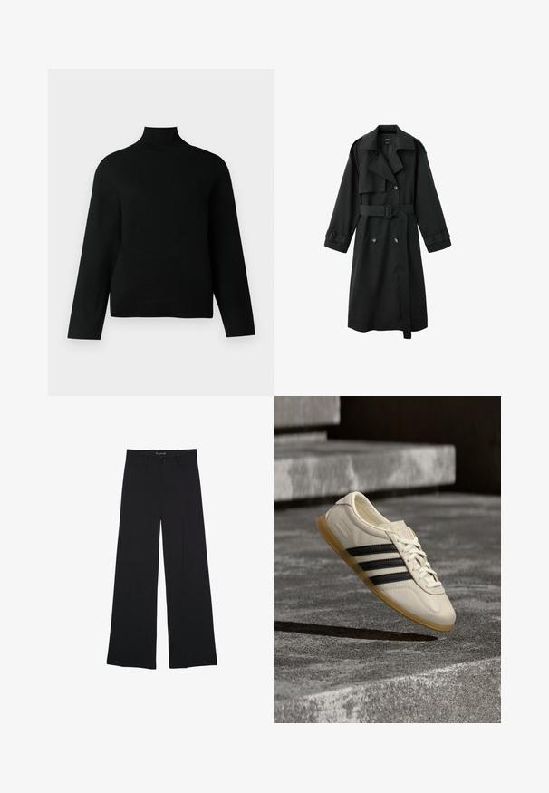 Long trench-coat noir avec col large, devant à double boutonnage, ceinture à la taille et brides à boucle aux poignets, présenté sur fond blanc.; Un pull col roulé noir en tricot doux, doté de manches longues et d'une coupe décontractée. Texture lisse sans motifs ou accents visibles.; Pantalon noir à jambes larges avec fermeture par bouton et zip, passants de ceinture et finition lisse et ajustée.; Baskets blanches avec des bandes noires et une semelle en gomme flottant au-dessus d’escaliers en béton dans une lumière douce du jour.