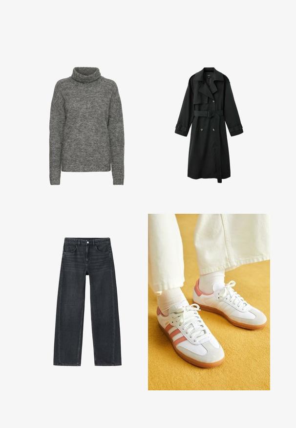 Sort lang trenchcoat med bred krave, dobbeltradet lukning, bælte i taljen og spænder på manchetterne, vist på hvid baggrund.; Grå turtleneck sweater lavet af blødt strikmateriale, med en afslappet pasform og lange ærmer med en subtil tekstur hele vejen igennem.; Viddebukser i mørkegrå denim. Har forlommer og et klassisk fem-lomme design. Knaplukning og subtile falmede detaljer.; Hvide sportsko med lyserøde accenter, lavet af ruskind og læder, rund tå og gummisål, vist med lyse sokker på en gul baggrund.