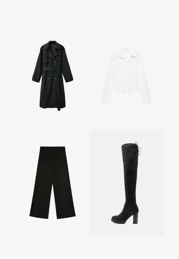 Long trench-coat noir avec col large, devant à double boutonnage, ceinture à la taille et brides à boucle aux poignets, présenté sur fond blanc.; Chemise blanche à manches longues avec col, taille légèrement cintrée et poignets boutonnés, présentée sur fond blanc.; Pantalon noir à jambes larges avec fermeture par bouton et zip, passants de ceinture et plis d’avant, posé à plat sur fond blanc.; Bottes noires au-dessus du genou en suede doux, avec un talon épais, une semelle plateforme et un détail en lacets en haut pour un ajustement réglable.