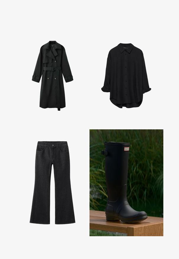 Schwarzer langer Trenchcoat mit weitem Kragen, doppelreihiger Vorderseite, Gürtel in der Taille und Schnallen an den Manschetten, auf weißem Hintergrund dargestellt.; Schwarze Langarmhemd mit Knöpfen, spitzem Kragen, lockerer Passform, hochgekrempelten Ärmeln und leicht abgerundetem Saum, gefertigt aus einem glatten Stoff.; Schwarze, weit geschnittene Jeans aus Denim mit hohem Bund, Fünf-Taschen-Design, Kontrastnähten und klassischem Knopfverschluss.; Schwarzer Gummistiefel bis zum Knie mit runder Zehe, leichtem Absatz und einer Schnallenriemen. Auf der Vorderseite befindet sich das "HUNTER"-Logo.