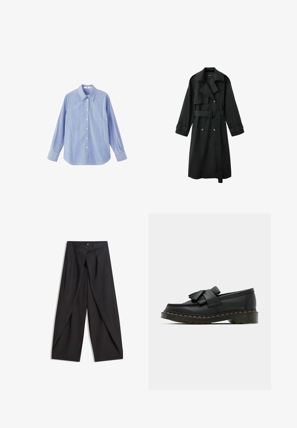 Long trench-coat noir avec col large, devant à double boutonnage, ceinture à la taille et brides à boucle aux poignets, présenté sur fond blanc.; Chemise à rayures bleues et blanches avec boutons, manches longues, col pointu et manches à poignets, fabriquée en tissu léger.; Pantalon noir à jambes larges avec plis avant, deux boutons à la taille et poches latérales inclinées, présenté à plat sur fond blanc.; Mocassins en cuir noir avec un bout rond, présentant un détail à franges et une bande décorative à l'avant, montés sur un talon épais.