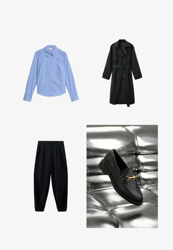 Abrigo trench largo negro con cuello ancho, cierre cruzado de doble botonadura, cinturón en la cintura y tiras con hebillas en los puños, mostrado sobre un fondo blanco.; Camisa de botones de manga larga a rayas azul y blanca. Presenta un collar tipo pico y un dobladillo curvado. Fabricada con una tela suave y ligera.; Pantalones negros de cintura alta y corte cónico con pliegues en la cintura y los bajos, y bolsillos laterales, mostrados sobre un fondo blanco.; Mocasín de cuero negro con un detalle de herrajes en tono dorado. El zapato presenta un diseño elegante y una textura suave y brillante.
