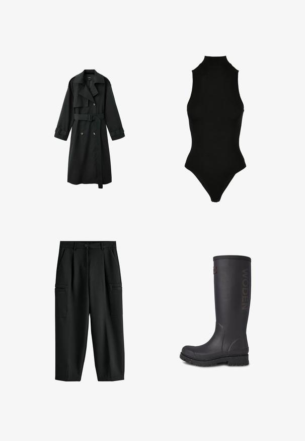 Abrigo trench largo negro con cuello ancho, cierre cruzado de doble botonadura, cinturón en la cintura y tiras con hebillas en los puños, mostrado sobre un fondo blanco.; Bodysuit negro sin mangas con cuello alto, hecho de una tela suave y elástica; presenta un diseño de pierna alta para un silueta estilizada.; Pantalones cargo negros de pierna recta con bolsillos laterales, trabillas para cinturón, botón delantero, cierre de cremallera y pequeñas aberturas en los bajos de los tobillos.; Bota alta de goma negra con acabado texturizado, logo de WODEN en el lateral y suela reforzada con acentos moteados.