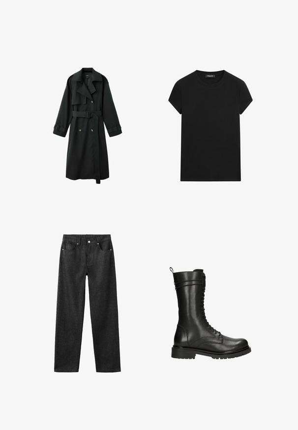 Schwarzer langer Trenchcoat mit weitem Kragen, doppelreihiger Vorderseite, Gürtel in der Taille und Schnallen an den Manschetten, auf weißem Hintergrund dargestellt.; Schwarzes T-Shirt mit kurzen Ärmeln und Rundhalsausschnitt, mit sichtbarem Markenlabel am Ausschnitt, mittig auf weißem Hintergrund.; Schwarze Jeans mit geradem Bein, fünf Taschen, silberner Hardware und glatter Textur.; Schwarze Lederkampfstiefel mit hohem Schaft, Schnürverschluss und strukturiertem Finish. Ausgestattet mit einer robusten Gummisohle und einem Zugschlauf.