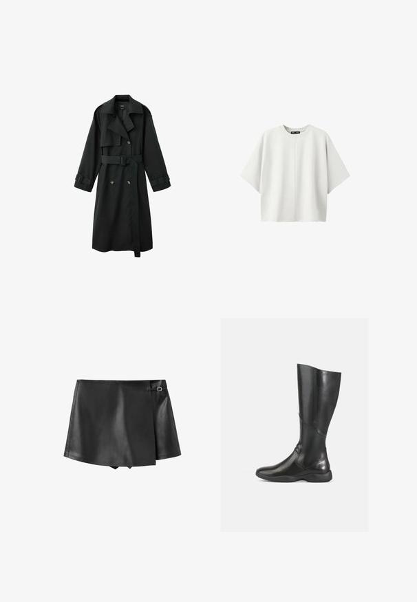 Long trench-coat noir avec col large, devant à double boutonnage, ceinture à la taille et brides à boucle aux poignets, présenté sur fond blanc.; Chemise blanche unie oversize à manches courtes avec un col rond et une couture verticale centrale sur un fond blanc uni.; Mini-jupe noire en simili cuir avec un rabat avant chevauchant et un petit détail boucle sur le côté.; Bottine noire en cuir jusqu'au genou avec une finition lisse, un bout arrondi et une semelle douce. Présente une silhouette moderne et des accents de couture minimalistes.