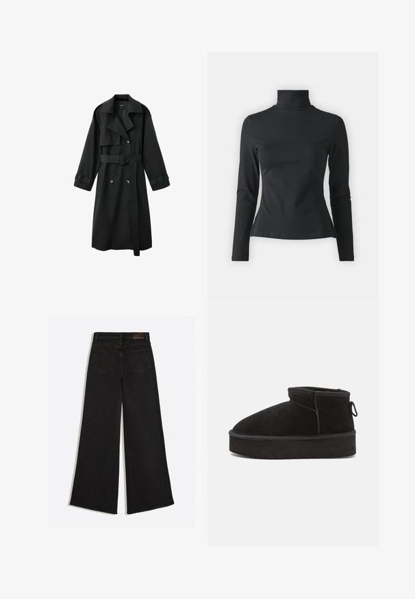 Zwarte lange trenchcoat met brede kraag, dubbele rij knopen aan de voorkant, riem in de taille en gespsluitingen aan de manchetten, afgebeeld op een witte achtergrond.; Even&Odd Petite by Zalando Longsleeve - black; Zwarte denim jeans met wijde pijpen, gezien van achteren met twee achterzakken en riemlussen op de tailleband.; Zwarte suède enkellaars met een ronde neus, voorzien van een verhoogde zool en een zijlus voor gemakkelijk aantrekken. Het ontwerp is eenvoudig met minimale accenten.