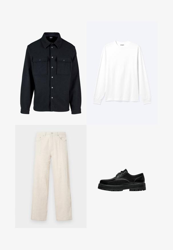 Schwarze Button-up-Jacke aus dickem Stoff mit Kragen, zwei Brusttaschen mit Klappen und silbernen Knöpfen auf der Vorderseite.; Langärmliges, schlichtes weißes Hemd mit Rundhalsausschnitt und gerippten Bündchen, dargestellt auf einem neutralen hellen Hintergrund.; Beige weite Hosen aus strukturiertem Stoff, mit einem Knopfverschluss, Gürtelschlaufen und klassischem Taschenstil.; Schwarze Leder Schnürschuhe mit abgerundeter Spitze, strukturiertem Finish und dicker Gummisohle mit tiefen Rillen für besseren Grip.