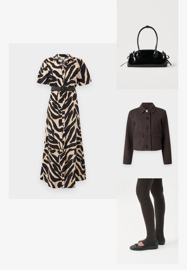 Veste courte marron foncé à manches longues, col rond, poches à rabat à l'avant et cinq boutons noirs au centre.; Robe longue à boutons, présentant un imprimé animal noir et beige, des manches courtes et une ceinture noire avec une boucle circulaire à la taille.; Jambes portant des leggings côtelés foncés associés à des ballerines noires avec de petits détails en nœud sur fond blanc.; Petit sac à main noir brillant avec deux longues anses et des détails à cordon sur les côtés sur un fond clair uni.
