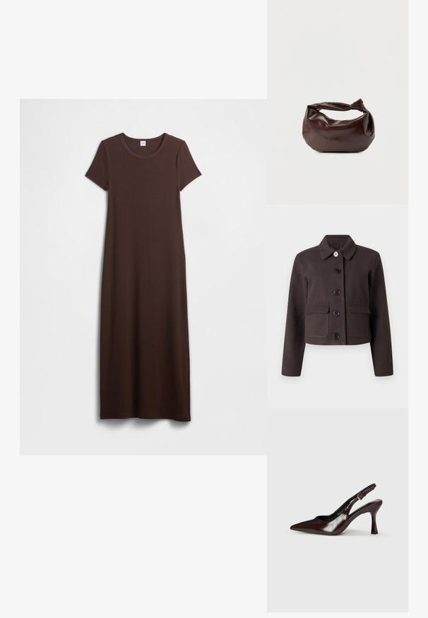 Veste courte marron foncé à manches longues, col rond, poches à rabat à l'avant et cinq boutons noirs au centre.; Robe maxi en coton marron avec manches courtes, col rond et texture lisse. Le design est simple et droit, offrant une coupe décontractée.; Talons slingback en cuir verni brun avec un bout pointu, un talon fin, et une sangle réglable avec une petite boucle.; Sac bandoulière en cuir marron foncé avec une forme souple et décontractée et une anse nouée torsadée sur un fond blanc uni.