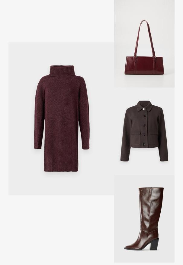 Chaqueta corta de color marrón oscuro con mangas largas, cuello redondeado, bolsillos delanteros con solapa y cinco botones negros en el centro.; Vestido de punto burdeos con un alto cuello acanalado, mangas largas y un corte holgado. Textura suave con un acabado ligeramente cepillado.; Bota alta de cuero marrón oscuro con punta afilada y tacón bloque apilado, mostrada de lado sobre un fondo liso.; Bolso burdeos hecho de material brillante, de forma rectangular, con dos asas para el hombro y sutiles acentos curvados en la parte frontal.