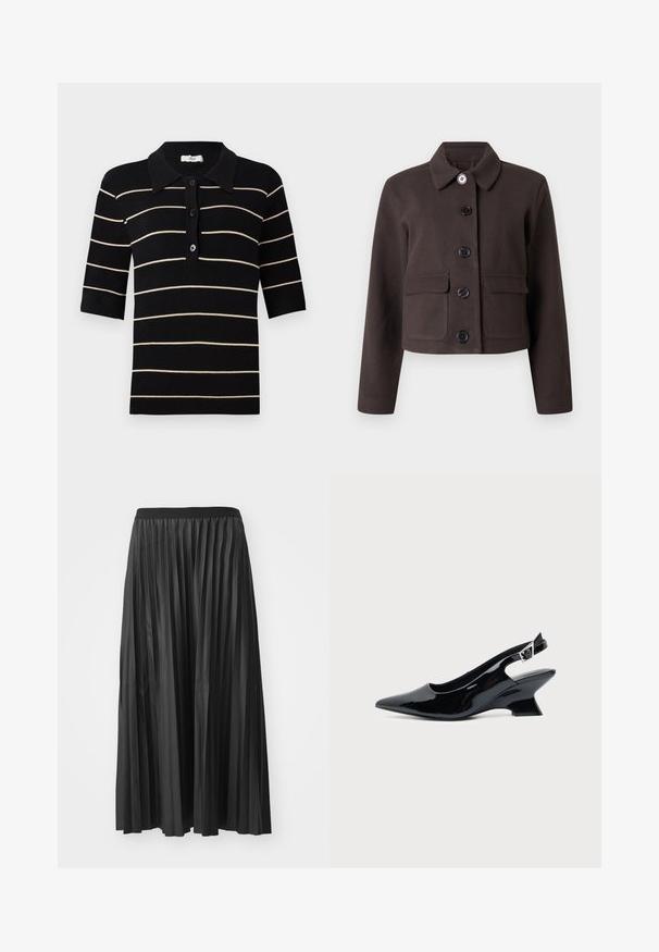 Veste courte marron foncé à manches longues, col rond, poches à rabat à l'avant et cinq boutons noirs au centre.; Polo shirt rayé noir et crème à manches courtes, avec boutons sur le devant et col en côte. Fabriqué en tissu tricoté avec une texture lisse.; Jupe maxi plissée noire avec une texture lisse et une taille élastique, dotée de plis verticaux qui créent du volume et du mouvement.; Chaussure slingback en cuir verni noir avec bout pointu et petit talon bloc incliné sur fond clair uni.