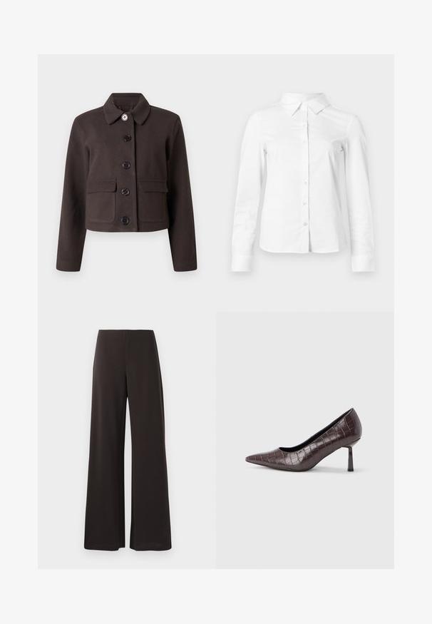 Veste courte marron foncé à manches longues, col rond, poches à rabat à l'avant et cinq boutons noirs au centre.; Chemise blanche à manches longues avec boutons, col pointu, ourlet droit et silhouette ajustée, présentée sur un fond clair uni.; Pantalons larges noirs en tissu lisse et extensible. Ils présentent une taille haute et un design épuré et minimaliste sans fermetures visibles.; Escarpins à bout pointu en similicuir marron avec une texture crocodile, dotés d’un talon fin et angulaire ainsi que d’une doublure intérieure lisse.