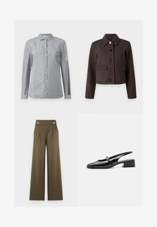 Mørkebrun cropped jakke med lange ærmer, rundet krave, lommer med klap på forsiden og fem sorte knapper ned langs midten.; Stribet button-up skjorte i sort og hvid bomuldsstof. Har en klassisk krave og lange ærmer med knapmanchetter.; Højttaljede, vide bukser i olivengrøn med to forreste folder og knappedetaljer på linningen.; Sort laklæderslingback-sko med lav blokhæl og tynd rem med sølvspænde over toppen.