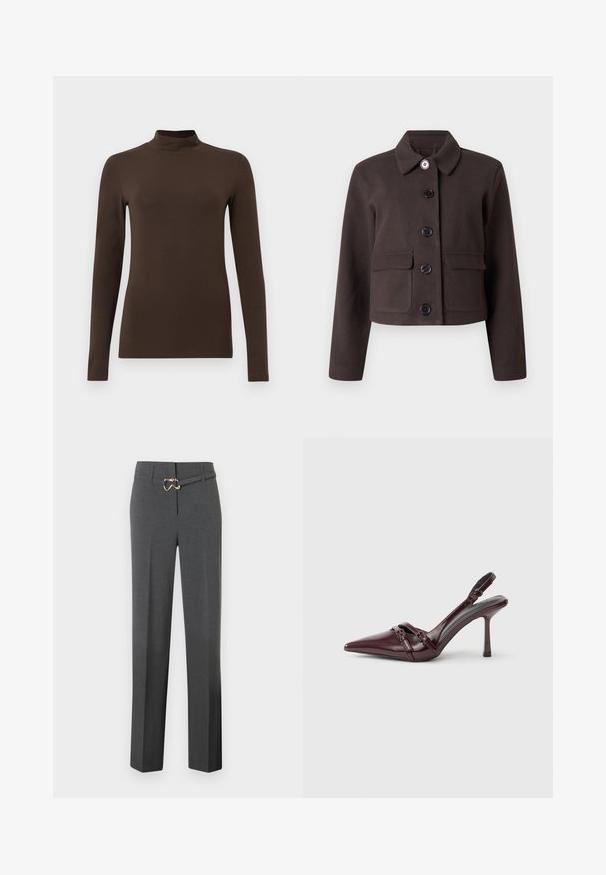 Mørkebrun cropped jakke med lange ærmer, rundet krave, lommer med klap på forsiden og fem sorte knapper ned langs midten.; Brun langærmet turtleneck-top lavet af blødt stof. Tætsiddende design med høj krave og sømløse ærmer. Ingen synlige mønstre eller hardware.; Mørkegrå skræddersyede kvindebukser med lige ben og et tyndt matchende bælte med en guldfarvet spænde.; Bourgogne laklæder slingback-hæl med spids tå, tynd ankelrem og lille dekorativ spænde. Glat tekstur og høj hæl.